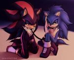  balls black_fur blue_eyes blue_fur chest_tuft collar cum duo ear_tuft fluffy fur growling hedgehog kneeling leash looking_at_viewer male mammal penis red_eyes red_fur shadisfaction shadow_the_hedgehog short_tail sonic_(series) sonic_the_hedgehog teeth tuft 