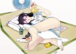  artist_name ass bag barefoot beifeng_han black_hair can chips clothes_writing controller eating electric_fan feet food glowing glowing_eyes hair_between_eyes highres holding holding_bag holding_food lazy long_hair lying miyaura_sanshio on_side original panties pantyshot pantyshot_(lying) pillow potato_chips purple_eyes remote_control shirt signature soles solo striped striped_panties t-shirt underwear 