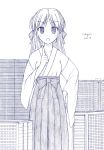  1girl breasts building city echigoya giantess medium_breasts monochrome shrine_maiden 