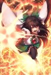  aiming_at_viewer arm_cannon black_hair black_legwear black_wings bow breasts cape commentary_request fire green_bow green_skirt hair_bow kaiza_(rider000) large_breasts long_hair looking_at_viewer open_mouth puffy_short_sleeves puffy_sleeves radiation_symbol red_eyes reiuji_utsuho shirt short_sleeves skirt solo teeth thighhighs third_eye touhou weapon white_shirt wings 