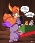  2018 anthro areola big_breasts breasts bunnie_rabbot canine clenched_teeth clothing controller dialogue english_text female fox group hi_res huge_breasts julie-su lagomorph male mammal marine miles_prower nipples pinniped rabbit remote_control rotor_the_walrus sofa solo_focus sonia_the_hedgehog sonic_(series) teer teeth television text tusks walrus wardrobe_malfunction 