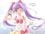  ;d ahoge blush bow catchphrase commentary_request detached_collar eyebrows_visible_through_hair green_eyes hair_bow heart long_hair looking_at_viewer manaka_lala microphone mitsuki_yuu musical_note one_eye_closed open_mouth pretty_(series) pripara purple_hair red_bow red_ribbon ribbon smile solo translation_request treble_clef twintails upper_body v v_over_eye 