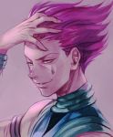  facial_mark grey_background grin hair_slicked_back hand_up hankuri hisoka_(hunter_x_hunter) hunter_x_hunter male_focus parted_lips pink_hair simple_background smile solo upper_body wristband yellow_eyes 