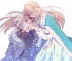  1girl anastasia_(fate/grand_order) blue_cloak blue_eyes brown_eyes eye_contact fate/grand_order fate_(series) fur_trim hand_on_another's_face kadoc_zemlupus light_brown_hair long_hair looking_at_another snowing standing tsengyun very_long_hair wind 