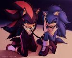  black_fur blue_eyes blue_fur chest_tuft collar duo ear_tuft fluffy fur growling hedgehog kneeling leash looking_at_viewer male mammal red_eyes red_fur shadisfaction shadow_the_hedgehog short_tail sonic_(series) sonic_the_hedgehog teeth tuft 