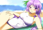  beach blue_sky breasts competition_swimsuit d-m_(dii_emu) day flower hair_flower hair_ornament hand_on_hip lavender_hair looking_at_viewer low_twintails lying medium_breasts one-piece_swimsuit purple_swimsuit sand sky smile solo swimsuit touhou tsukumo_benben twintails two-tone_swimsuit water white_swimsuit 