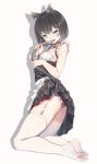  animal_ears apron ass bangs bell bell_choker black_choker black_hair black_skirt blue_eyes blush breasts buttons cat_ears cat_tail choker eyebrows_visible_through_hair eyes_visible_through_hair fang fangxiang_cuoluan frills garter_straps highres looking_at_viewer no_shoes open_mouth original panties paw_print pink_panties print_panties shadow short_hair simple_background skirt skirt_lift sleeveless slit_pupils small_breasts smile solo tail teeth thighhighs tongue tongue_out underwear waist_apron white_legwear 