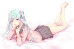  barefoot blue_eyes commentary_request finger_to_mouth full_body green_hair hatsune_miku long_hair looking_at_viewer lying on_stomach open_mouth pink_scrunchie pleated_skirt school_uniform scrunchie serafuku skirt solo twintails vocaloid white_background yuki_(sangeki5806) 