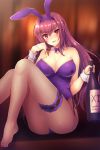  absurdres animal_ears bottle bow bowtie breasts bunny_ears bunny_girl bunnysuit cleavage detached_collar fate/grand_order fate_(series) fishnet_pantyhose fishnets garter_belt hairband highres large_breasts leotard long_hair looking_at_viewer no_shoes pantyhose purple_hairband purple_leotard purple_neckwear red_eyes red_hair samoore scathach_(fate)_(all) scathach_(fate/grand_order) sitting solo strapless strapless_leotard wine_bottle wrist_cuffs 