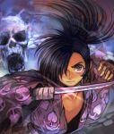  black_hair brown_eyes closed_mouth dororo_(tezuka) fighting_stance ghost hair_over_one_eye hankuri holding holding_sword holding_weapon hyakkimaru_(dororo) japanese_clothes katana long_sleeves male_focus ponytail skull solo sword upper_body weapon wide_sleeves 