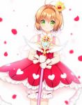  bangs bloomers blurry blurry_background blush capelet cardcaptor_sakura closed_mouth commentary_request crown depth_of_field dress dutch_angle eyebrows_visible_through_hair green_eyes hair_between_eyes heart holding holding_staff kinomoto_sakura light_brown_hair mini_crown petals red_dress see-through simple_background sleeveless sleeveless_dress smile solo staff tengxiang_lingnai underwear white_background white_bloomers yume_no_tsue 