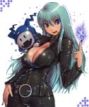  :d amania_orz aqua_hair bangs belt black_bodysuit black_choker black_nails blue_eyes bodysuit bra breasts choker cleavage commentary_request dated devil_summoner electricity hair_between_eyes jack_frost large_breasts leather long_hair long_sleeves looking_at_viewer nail_polish nemissa on_shoulder open_mouth shin_megami_tensei smile soul_hackers twitter_username underwear v-shaped_eyebrows 