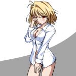  arcueid_brunestud ass_visible_through_thighs blonde_hair blush breasts cleavage contrapposto cowboy_shot hair_intakes kore_(kore) no_bra no_pants one_eye_closed open_clothes open_shirt panties red_eyes rubbing_eyes shirt short_hair simple_background sketch solo standing tsukihime underwear 