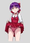  bangs blunt_bangs breasts choker collarbone cowboy_shot dress dress_lift eyebrows_visible_through_hair flo frown gegege_no_kitarou grey_background jewelry lips long_sleeves looking_down nekomusume nekomusume_(gegege_no_kitarou_6) panties parted_bangs parted_lips pendant purple_hair red_dress red_panties shiny shiny_hair shiny_skin shirt short_hair simple_background small_breasts solo underwear white_shirt yellow_eyes 