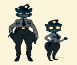  2018 anthro aunt_mall_cop_(nitw) big_butt biped blue_fur breasts butt cat clothed clothing digital_media_(artwork) eyebags eyebrows eyelashes feline female footwear frown fur gun hand_on_hip hat hi_res huge_butt mammal mature_female molly_(nitw) necktie night_in_the_woods pants police police_hat police_uniform ranged_weapon red_eyes shirt signature simple_background smile smirk solo thick_thighs uniform voluptuous weapon whiskers wide_hips wolftang yellow_sclera 