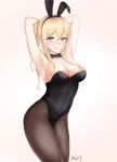  animal_ears armpits arms_behind_head black_legwear black_leotard blonde_hair blue_eyes blush bow bowtie breasts bunny_ears bunnysuit cleavage detached_collar fake_animal_ears graf_zeppelin_(kantai_collection) hair_between_eyes highres kamui_aya kantai_collection leotard medium_breasts pantyhose pink_background signature solo strapless strapless_leotard 