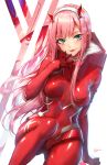  :p arm_support armlet athenawyrm backlighting bangs blush bodysuit breasts covered_navel darling_in_the_franxx eyeliner eyes_visible_through_hair green_eyes hand_to_own_mouth horns horns_through_headwear inset long_hair makeup medium_breasts pilot_suit pink_hair red_bodysuit signature solo_focus strelizia tongue tongue_out white_background zero_two_(darling_in_the_franxx) 