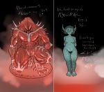  2018 areola blush breasts claws demon dialogue digital_drawing_(artwork) digital_media_(artwork) duo ear_piercing english_text female geier goblin green_skin hair humanoid male male/female monster muscular nipple_piercing nipples not_furry nude piercing pointy_ears pubes pussy red_skin short_stack simple_background smile tattoo text wide_hips 