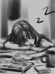  1girl book crossed_arms eyes_closed gohpot greyscale head_rest highres monochrome original sketch solo zzz 