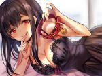  black_hair breasts cleavage collar_removed commentary_request finger_to_mouth hand_on_own_chin heart_collar holding large_breasts licking_lips long_hair lying mole mole_under_mouth natsuki_iori naughty_face nightgown on_side original red_collar red_eyes solo tongue tongue_out 