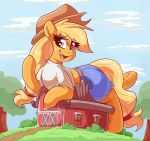  2018 absurd_res applejack_(mlp) barn blonde_hair building clothed clothed_feral clothing cloud cowboy_hat destruction digital_media_(artwork) earth_pony equine female feral freckles friendship_is_magic graphene green_eyes hair hat hi_res hooves horse long_hair looking_at_viewer macro mammal my_little_pony open_mouth open_smile pony sky smile solo tree underhoof 