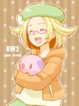  :d animal artist_name bel_(pokemon) blonde_hair bow brown_background closed_eyes commentary_request copyright_name facing_viewer gen_5_pokemon glasses green_hair hat hat_bow holding holding_animal holding_pokemon jacket ken_(coconutmilk) munna open_mouth orange_jacket pokemon pokemon_(creature) pokemon_(game) pokemon_bw pokemon_bw2 red-framed_eyewear short_hair simple_background smile standing striped striped_background 