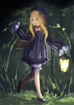  :d abigail_williams_(fate/grand_order) bangs black_bow black_dress black_footwear black_hat blonde_hair bloomers blue_eyes bow bug butterfly dress fate/grand_order fate_(series) forest hair_bow hat holding holding_lantern insect lantern long_hair long_sleeves looking_away looking_to_the_side mary_janes nature night open_mouth orange_bow outdoors parted_bangs shoes sleeves_past_fingers sleeves_past_wrists smile solo standing standing_on_one_leg twitter_username tyone underwear very_long_hair white_bloomers 