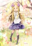  :d abigail_williams_(fate/grand_order) bangs bare_arms bare_shoulders black_footwear black_legwear blonde_hair blue_eyes bow bug butterfly collared_shirt day fate/grand_order fate_(series) forehead hair_bow insect kneehighs long_hair mary_janes open_mouth outdoors parted_bangs petals purple_bow purple_skirt shirt shoes skirt sleeveless sleeveless_shirt smile solo standing standing_on_one_leg twitter_username tyone upper_teeth very_long_hair white_shirt 