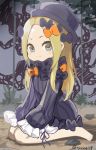  abigail_williams_(fate/grand_order) bangs barefoot black_bow black_dress black_hat blonde_hair bloomers blue_eyes blush bow bug butterfly closed_mouth dress fate/grand_order fate_(series) forehead hair_bow hat insect long_hair long_sleeves on_ground orange_bow parted_bangs sitting sleeves_past_fingers sleeves_past_wrists smile solo tentacles twitter_username tyone underwear v-shaped_eyebrows very_long_hair wariza white_bloomers younger 