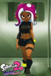  ankle_boots anklet backpack bag belt boots bracelet breasts brown_eyes crop_top dark_skin full-length_zipper full_body highres jewelry lips looking_at_viewer medium_breasts miniskirt navel octarian octoling pink_hair pointy_ears short_eyebrows single_sleeve skirt sleeveless solo splatoon_(series) splatoon_2 splatoon_2:_octo_expansion tentacle_hair thigh_strap thighs tovio_rogers walking zipper 