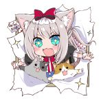  1girl :3 :d american_flag american_flag_print animal animal_ears azur_lane bangs black_dress blue_eyes blush bow cat cat_ears chibi commentary_request dress english eyebrows_visible_through_hair fang flag_print fourth_wall hair_bow hammann_(azur_lane) long_hair looking_at_viewer mitoko_(kuma) one_side_up open_mouth outstretched_arms polka_dot print_neckwear puffy_short_sleeves puffy_sleeves red_bow short_sleeves sidelocks silver_hair smile solid_circle_eyes solo sparkle spread_arms transparent_background v-shaped_eyebrows very_long_hair wrist_cuffs 