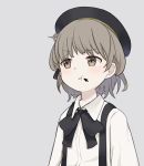  bangs beret black_bow black_hat black_ribbon blush bow brown_eyes brown_hair cheek_squash collared_shirt commentary cursor eyebrows_visible_through_hair flower grey_background hat hatoba_tsugu hatoba_tsugu_(character) highres instant_(ioarthus) looking_to_the_side mole mole_under_eye open_mouth ribbon rose shirt simple_background solo suspenders upper_body virtual_youtuber white_flower white_rose white_shirt 