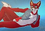  2018 anthro balls bell_the_otter canine digital_media_(artwork) erection fox fur looking_at_viewer lying male mammal nude partial_clothed penis red_fur smile solo suggestive white_fur 