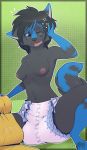  anthro black_fur blue_fur blush breasts canine clothed clothing diaper female fur hi_res mammal simple_background solo topless yuniwolfsky 
