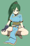  black_gloves breasts brown_footwear chinese_clothes dress earrings fire_emblem fire_emblem:_rekka_no_ken folded_leg gloves green_background green_eyes green_hair hand_on_own_knee high_ponytail highres jewelry leon_(mikiri_hassha) long_hair looking_at_viewer lyndis_(fire_emblem) medium_breasts no_panties pelvic_curtain sash short_sleeves simple_background sitting smile solo very_long_hair 