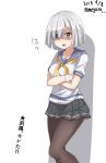  against_wall black_legwear blue_eyes blue_sailor_collar commentary_request crossed_arms dated eyes_visible_through_hair gloves grey_skirt hair_ornament hair_over_one_eye hairclip hamakaze_(kantai_collection) highres kantai_collection meguru_(megurunn) neckerchief pantyhose pleated_skirt sailor_collar school_uniform serafuku shaded_face short_hair silver_hair simple_background skirt solo translated twitter_username white_background white_gloves yellow_neckwear 