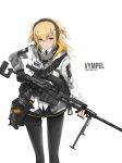  black_gloves black_legwear black_skirt blonde_hair camouflage chinese_robot_kid fingerless_gloves gloves grey_background gun headphones highres military military_uniform original pantyhose rifle skirt sniper_rifle solo thigh_strap thighs uniform weapon white_uniform yellow_eyes 