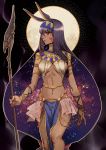  absurdres animal_ears armlet bracelet breasts dark_skin earrings eyebrows_visible_through_hair facepaint fate/grand_order fate_(series) hairband hermithessa highres holding holding_staff jewelry large_breasts long_hair looking_at_viewer looking_to_the_side low-tied_long_hair navel nitocris_(fate/grand_order) purple_eyes purple_hair serious solo staff very_long_hair 