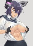  :o abs breasts checkered checkered_neckwear commentary_request covered_nipples cowboy_shot eyebrows_visible_through_hair eyepatch gloves grey_background headgear kantai_collection large_breasts looking_to_the_side mikoyan muscle muscular_female necktie no_bra open_clothes open_shirt partly_fingerless_gloves purple_hair raised_eyebrow revision scar shiny shiny_skin shirt short_hair simple_background skirt solo tenryuu_(kantai_collection) thick_eyebrows undressing white_shirt yellow_eyes 