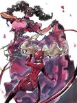 2girls black_hair blonde_hair blue_eyes bodysuit carmen_(persona_5) curls gold_eyes light_background long_hair looking_at_viewer mask multiple_girls panther_(persona_5) persona_5 pink_skin red_outfit simple_background takamaki_anne twindrills twintails weapons whip white_background 