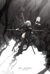  bandages bandages_over_eyes black_blindfold black_dress black_gloves black_legwear blindfold boots breasts chinese_robot_kid cleavage dress gloves highres medium_breasts nier_(series) nier_automata robot sword thigh_boots thighhighs thighs weapon white_hair white_sleeves yorha_no._2_type_b 