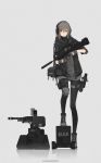  assault_rifle black_footwear black_jacket black_legwear bullpup chinese_robot_kid famas gloves grey_gloves grey_shirt gun headphones highres jacket original pantyhose rifle robot shirt sleeves_rolled_up solo thigh_strap weapon 