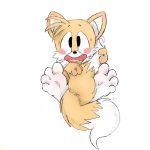  2018 4_toes anthro barefoot black_nose blush canine dipstick_tail embarrassed feet fox fur humanoid_feet male mammal miles_prower multicolored_tail simple_background soles solo sonic_(series) theinspiredsphynx toes video_games white_fur yellow_fur 