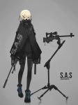  black_footwear black_jacket black_legwear blonde_hair chinese_robot_kid gas_mask grey_background gun highres jacket mask military military_jacket military_uniform original pantyhose raincoat rifle short_hair sniper_rifle thigh_strap uniform union_jack weapon yellow_eyes 