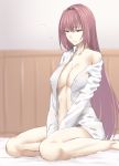 alternate_costume bare_shoulders breasts cleavage collarbone eyebrows_visible_through_hair fate/grand_order fate_(series) hair_intakes large_breasts long_hair long_sleeves looking_down matsunaga_garana no_bra open_clothes open_shirt purple_hair red_eyes scathach_(fate)_(all) scathach_(fate/grand_order) shirt solo white_shirt 