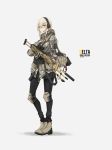  bag black_legwear black_skirt blonde_hair chinese_robot_kid gloves grey_background grey_footwear grey_gloves gun headphones highres knee_pads m249 machine_gun military military_jacket military_uniform original pantyhose skin_tight skirt thigh_strap uniform weapon yellow_eyes 