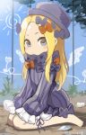 abigail_williams_(fate/grand_order) bangs barefoot black_bow black_dress black_hat blonde_hair bloomers blue_eyes blush bow bug butterfly closed_mouth dress fate/grand_order fate_(series) forehead hair_bow hat insect long_hair long_sleeves on_ground orange_bow parted_bangs sitting sleeves_past_fingers sleeves_past_wrists solo twitter_username tyone underwear v-shaped_eyebrows very_long_hair wariza white_bloomers younger 