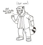  andy_(heyitscousindave) anthro canine clothed clothing cousin_dave duo eye_contact eyewear fusion glasses heyitscousindave hi_res male mammal monochrome procyonid raccoon simple_background slightly_chubby solo wolf 