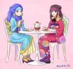  artist_name blue_eyes brown_eyes brown_hair commentary_request double_bun dress earrings full_body high_heels hijab japanese_clothes jewelry kimono momoyama_aoi multiple_girls muslim original smile tea two_side_up 