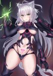  agrius_metamorphosis ahoge animal_ears atalanta_(alter)_(fate) atalanta_(fate) bad_id bad_pixiv_id bangs black_legwear braid breasts cat_ears covered_nipples eyebrows_visible_through_hair fang fang_out fate/apocrypha fate/grand_order fate_(series) gauntlets green_eyes hair_between_eyes highres jirusu long_hair looking_at_viewer medium_breasts multiple_tails navel parted_lips pubic_tattoo revealing_clothes shoulder_cutout silver_hair solo tail tattoo thighhighs two_tails underboob very_long_hair 